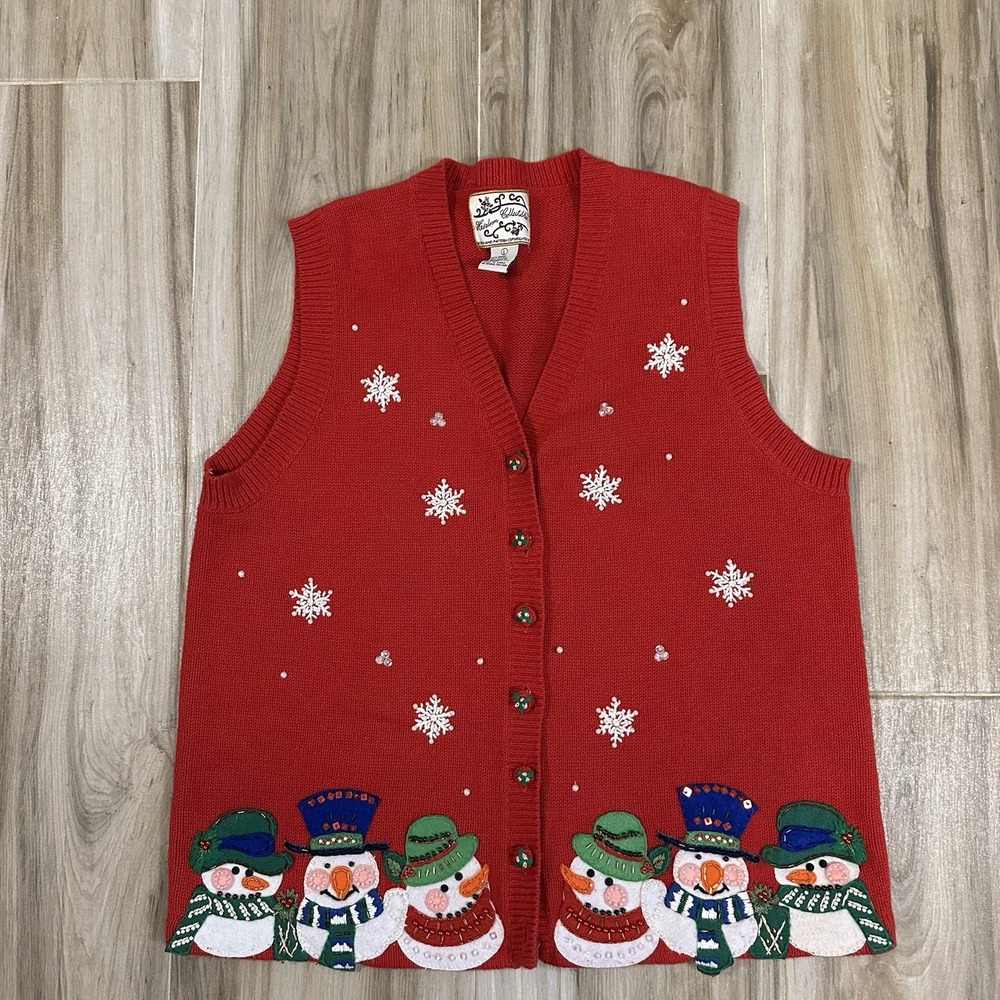 VTG Tiara International Sweater Vest Christmas Snowman L Holiday Ugly Granny